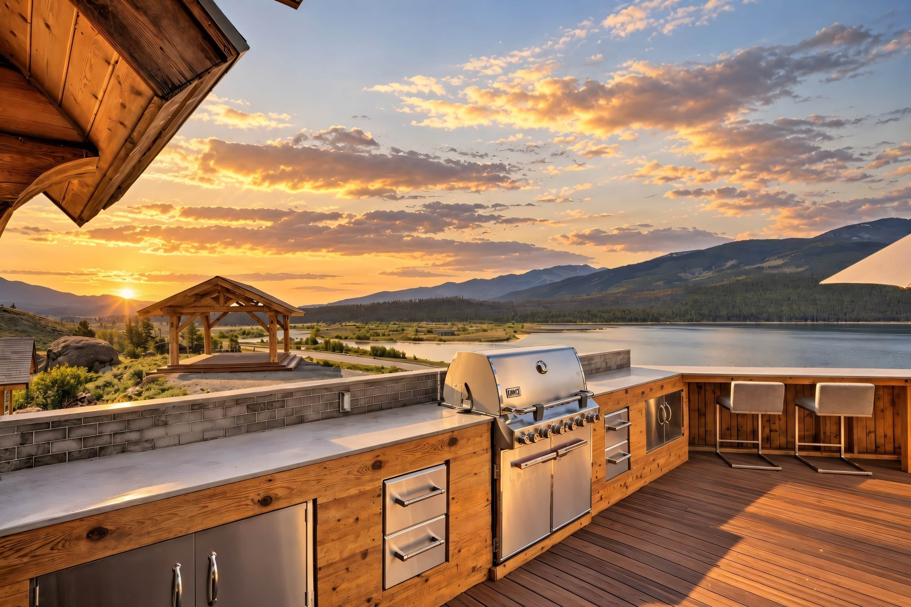 Een buitenkeuken met een barbecue, een bar en uitzicht op een meer en bergen.