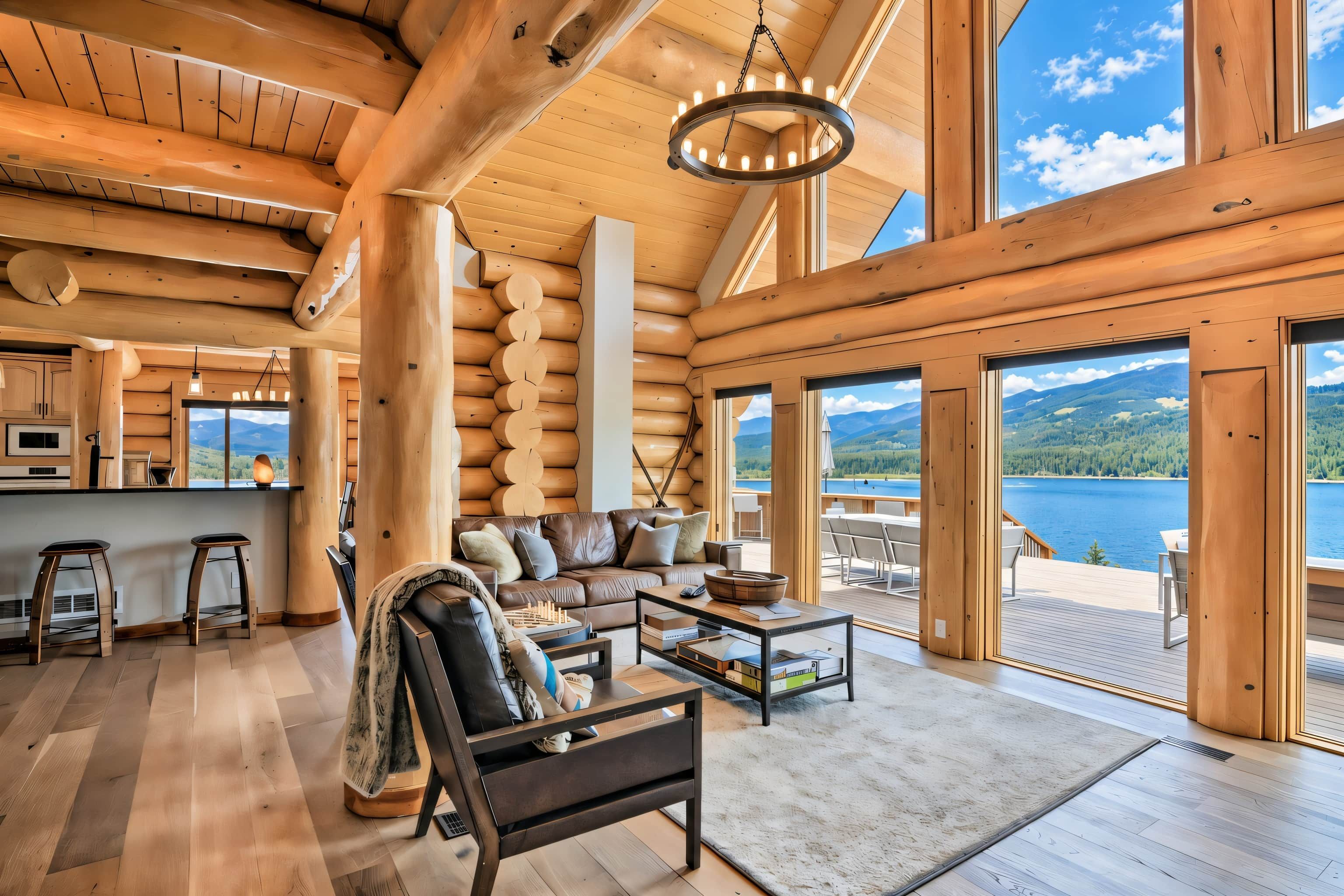 A spacious log cabin interior with a large living area, a dining area, and a view of a lake.