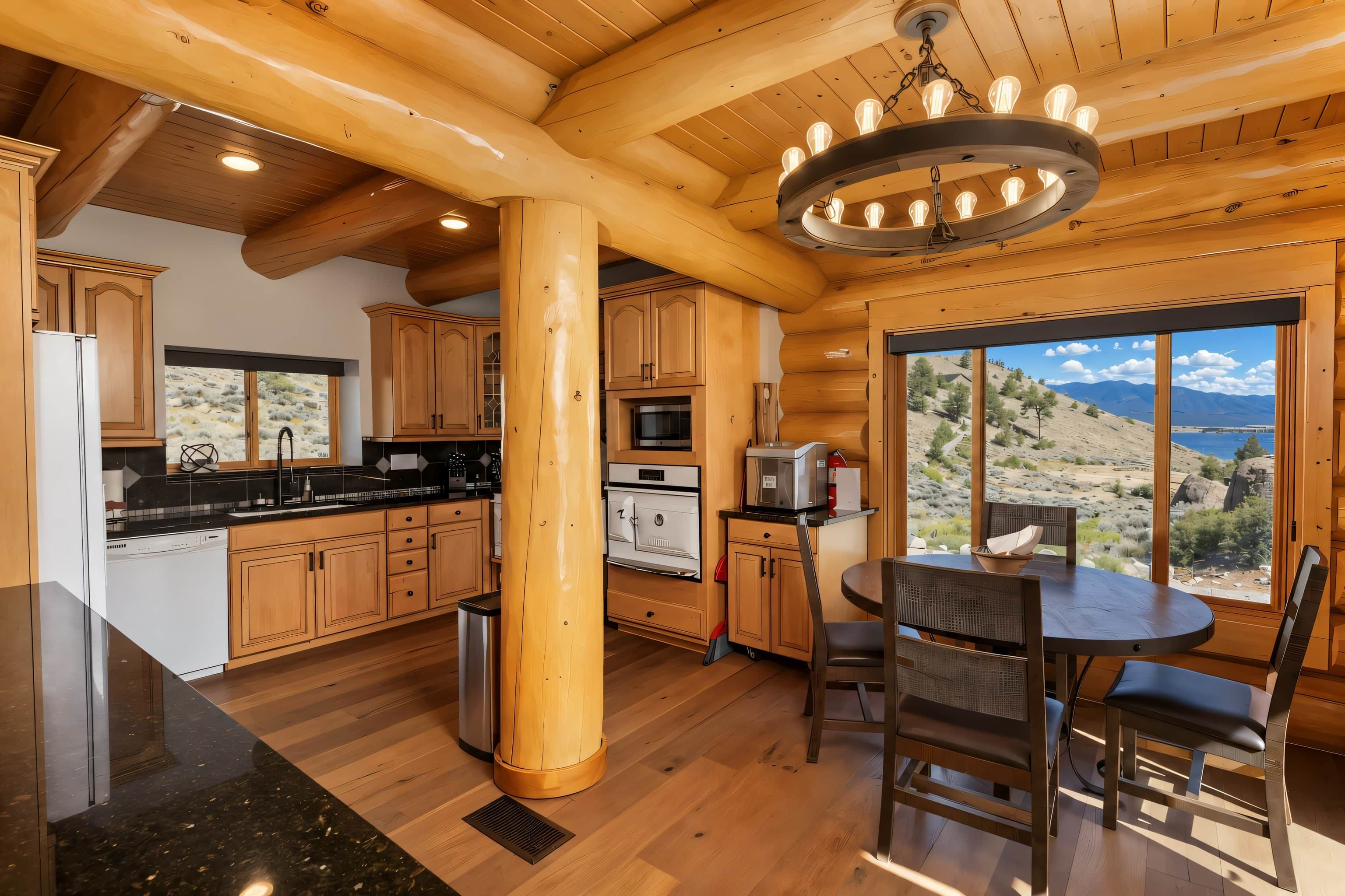 Una cocina moderna con armarios de madera, una isla central y vistas a un paisaje montañoso a través de amplios ventanales.