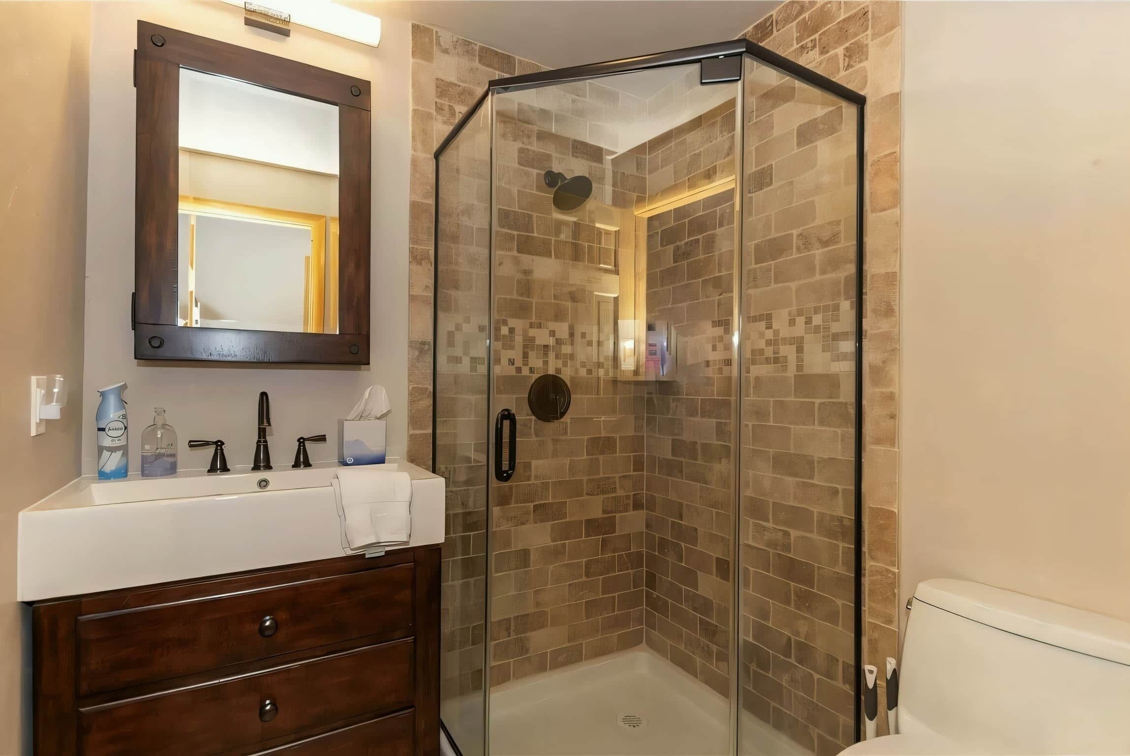 A bathroom with a glass-enclosed shower, a wooden vanity with a mirror, and a tiled wall.