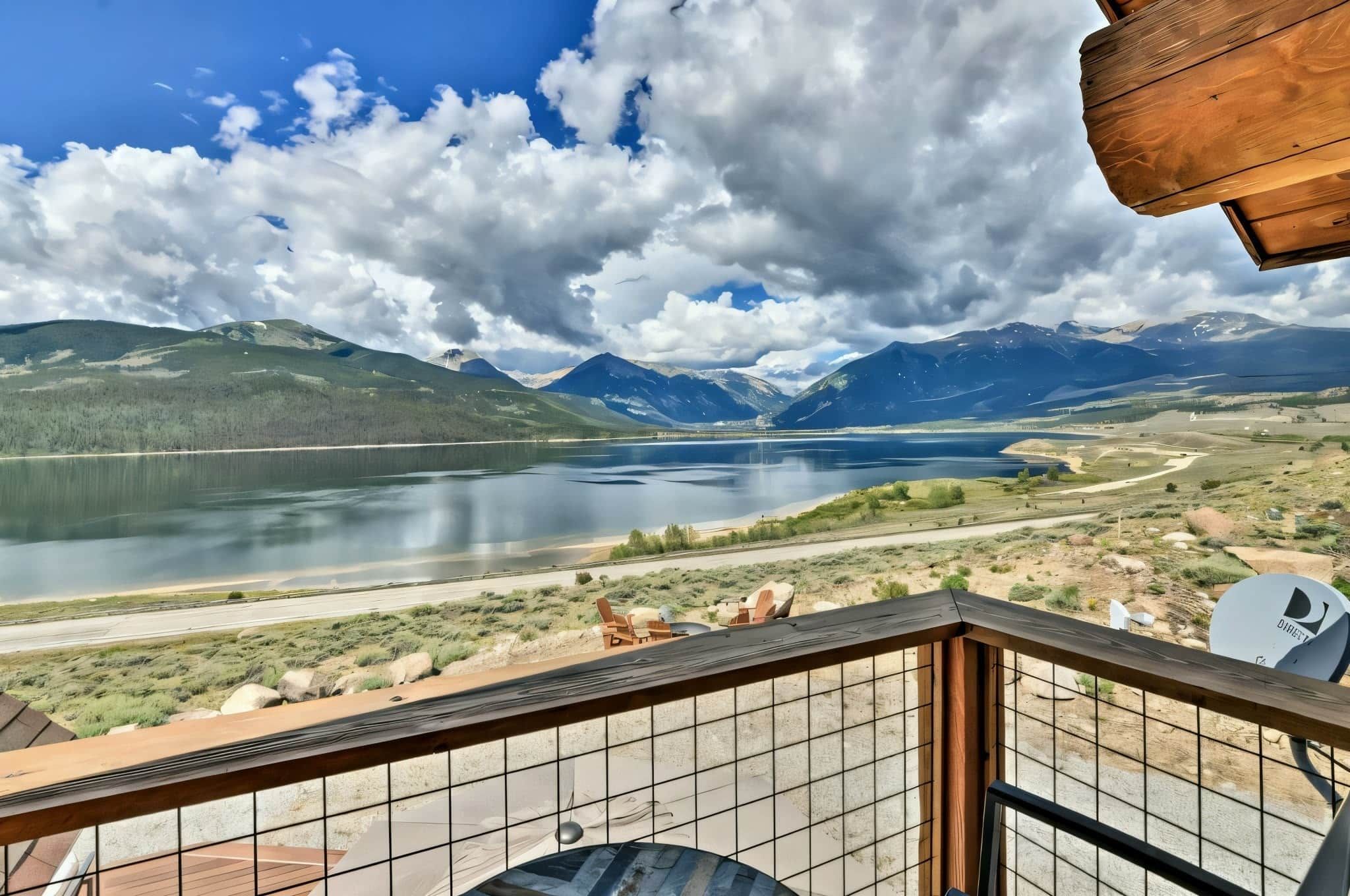 A balcony with a view of a lake, mountains, and a clear sky.