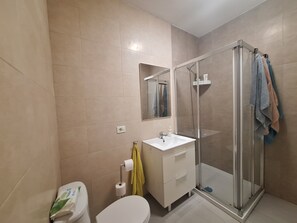 Hair dryer, towels, soap