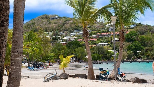 A beach with palm trees, a clear sky, and houses in the background. - 2 minutes from the beach, pool, jacuzzi and parking included in a secure residence! (Les Trois-Îlets)