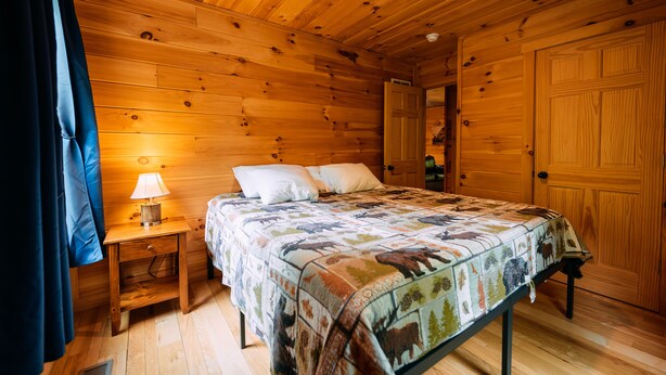 A wooden cabin bedroom with a bed, nightstand, and a door.
