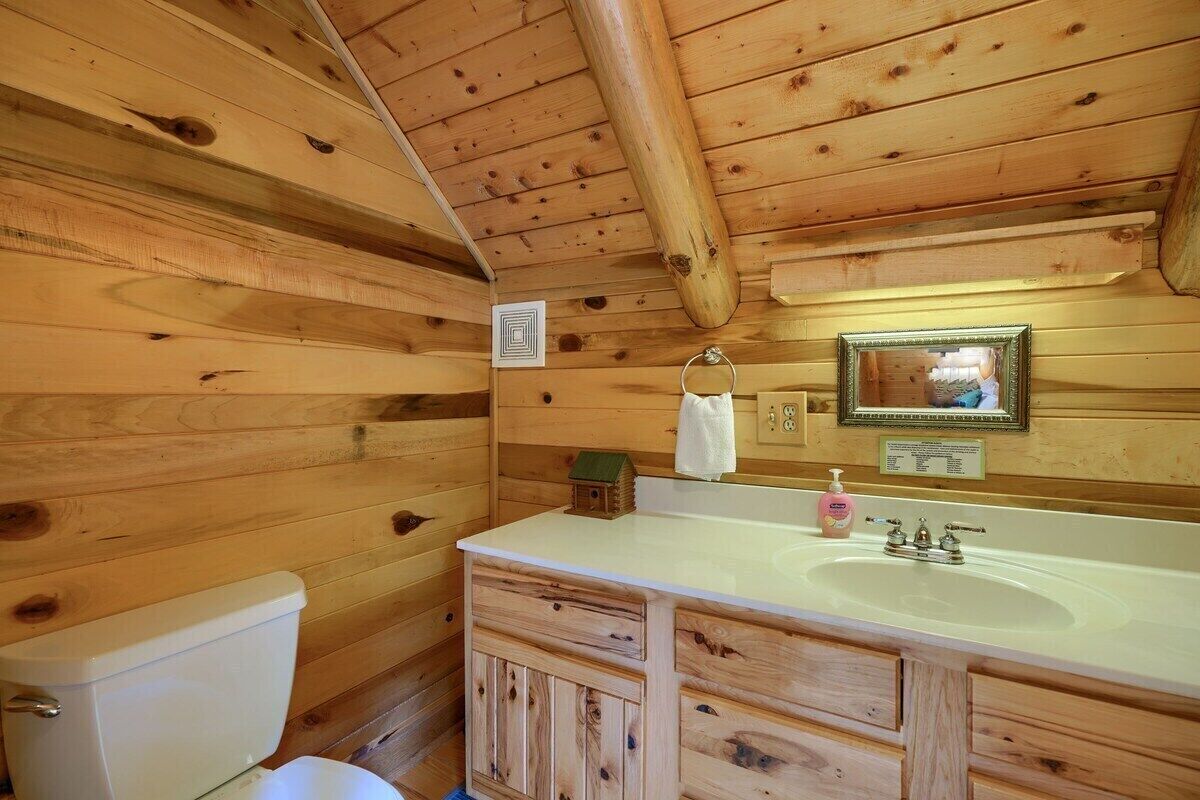 Ein Badezimmer einer Holzhütte mit Toilette, Waschbecken und Holzschränken.