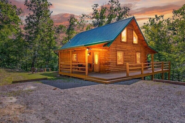 A log cabin with a porch and a metal roof, surrounded by trees.