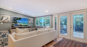 Smart TV, fireplace, foosball