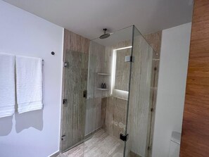 Douche, serviettes fournies, savon, papier de toilette