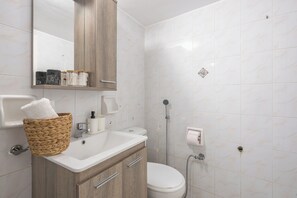 Secador de cabelo, toalhas de banho, sabonete, papel higiênico