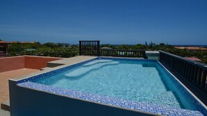 Une piscine rectangulaire aux carreaux de mosaïque bleus, entourée d’un petit muret en briques et d’une rambarde noire.