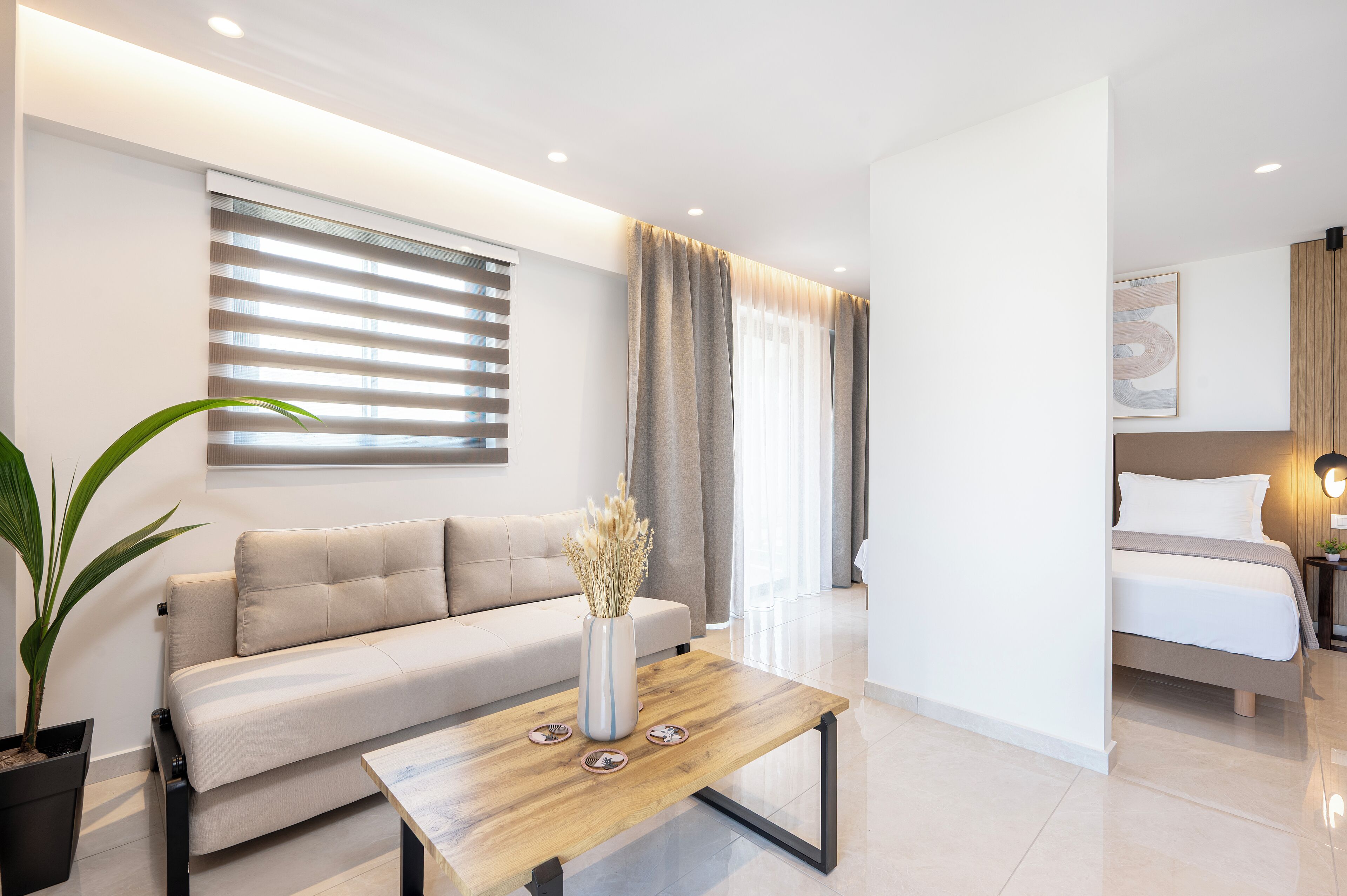 A modern living room with a sofa, a coffee table, and a potted plant.