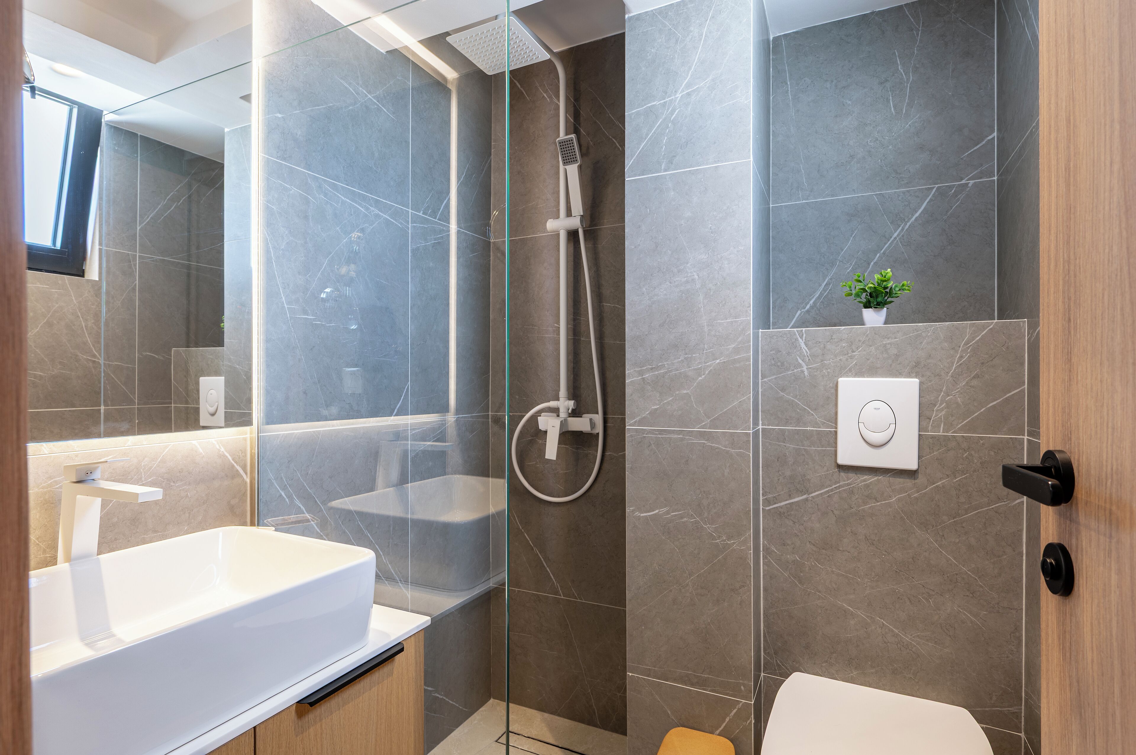 A modern bathroom with a glass-enclosed shower, a white sink, and a small potted plant.