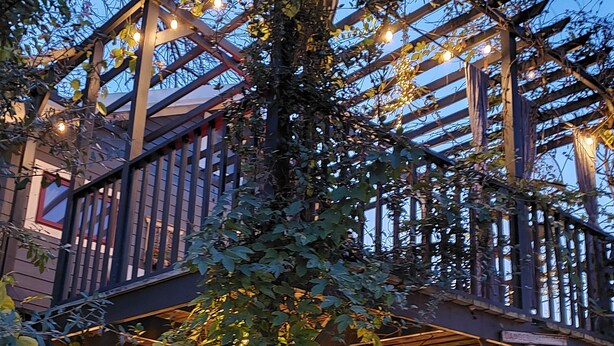 Una pergola in legno con luci a tendina, circondata da vegetazione lussureggiante e una scalinata che conduce a un piano superiore.