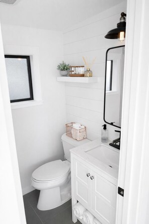 Hair dryer, towels, soap, toilet paper