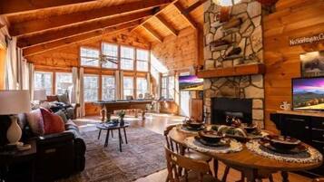 Smart TV, fireplace, books