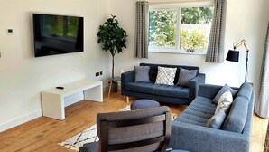 A living room with a TV, sofa, chair, and a plant. - Cottage Near Dartmoor With Hot Tub (Newton Abbot)