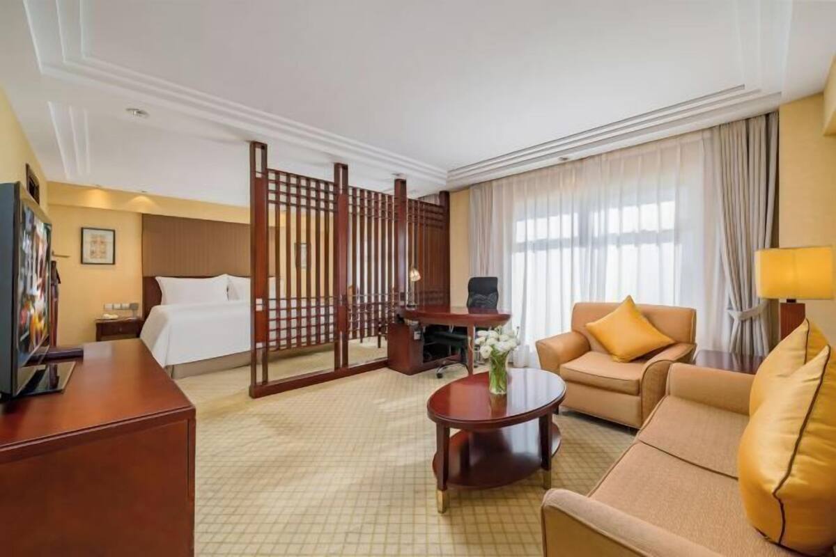 Una habitación de hotel con cama, sofá, mesa de centro, televisor y separador.