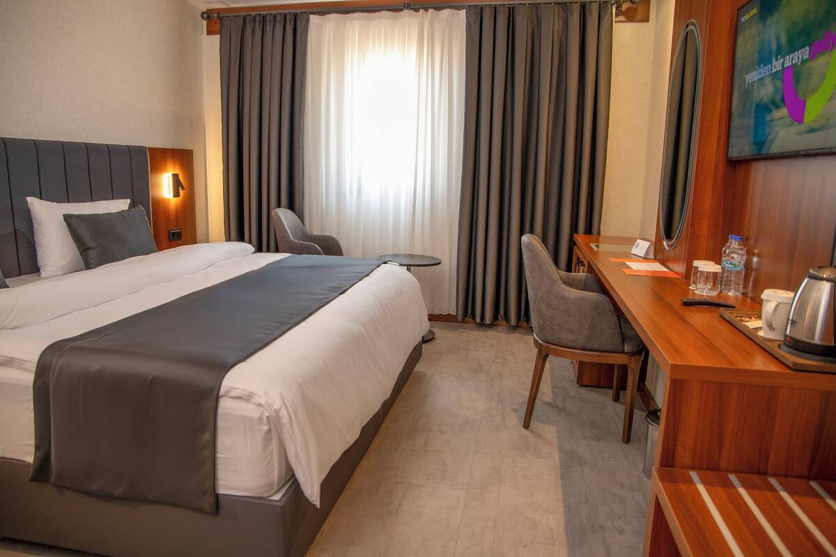 A hotel room with a bed, a desk, a chair, a television, and a window with curtains.