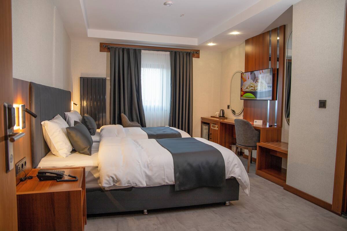 A hotel room with a large bed, a desk with a chair, a television, and a telephone.