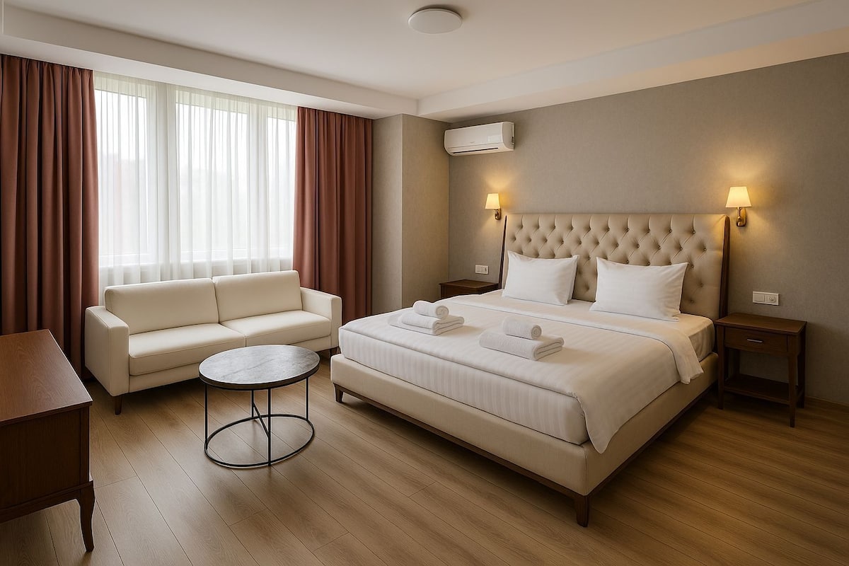 A hotel room with a bed, a sofa, a small round table, and a nightstand.