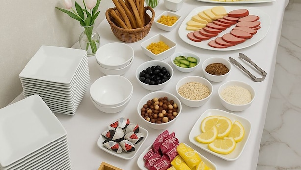 Une table de buffet avec divers plats et ustensiles.