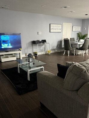 Smart TV, fireplace, books, music library