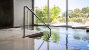 A modern indoor pool with clear glass walls, a metal handrail, and a view of lush greenery outside.