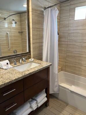 Hair dryer, towels, soap, toilet paper