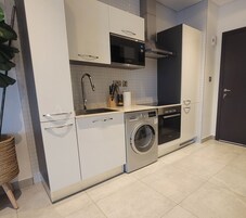 Studiosviitti, kaupunkinäköala | Yksityinen keittiö | Täysikokoinen jääkaappi, mikroaaltouuni, uuni, liesi