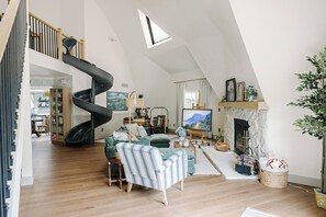 TV, fireplace, video games, books