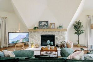 Télévision, cheminée, jeux vidéo, livres