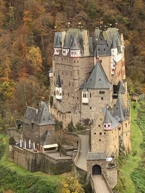 Perched atop a lush landscape, this historic castle features multiple towers and a fortified structure with steeply pitched roofs.