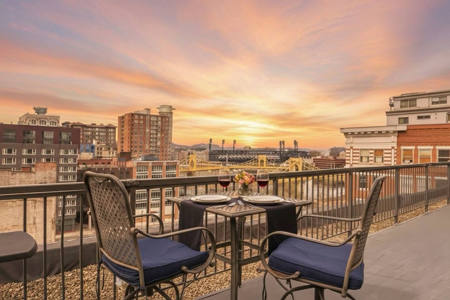 Varanda com duas cadeiras e uma mesa, com vista para a paisagem urbana com edifícios e uma ponte ao pôr do sol.