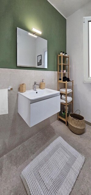 Shower, hair dryer, bidet, towels