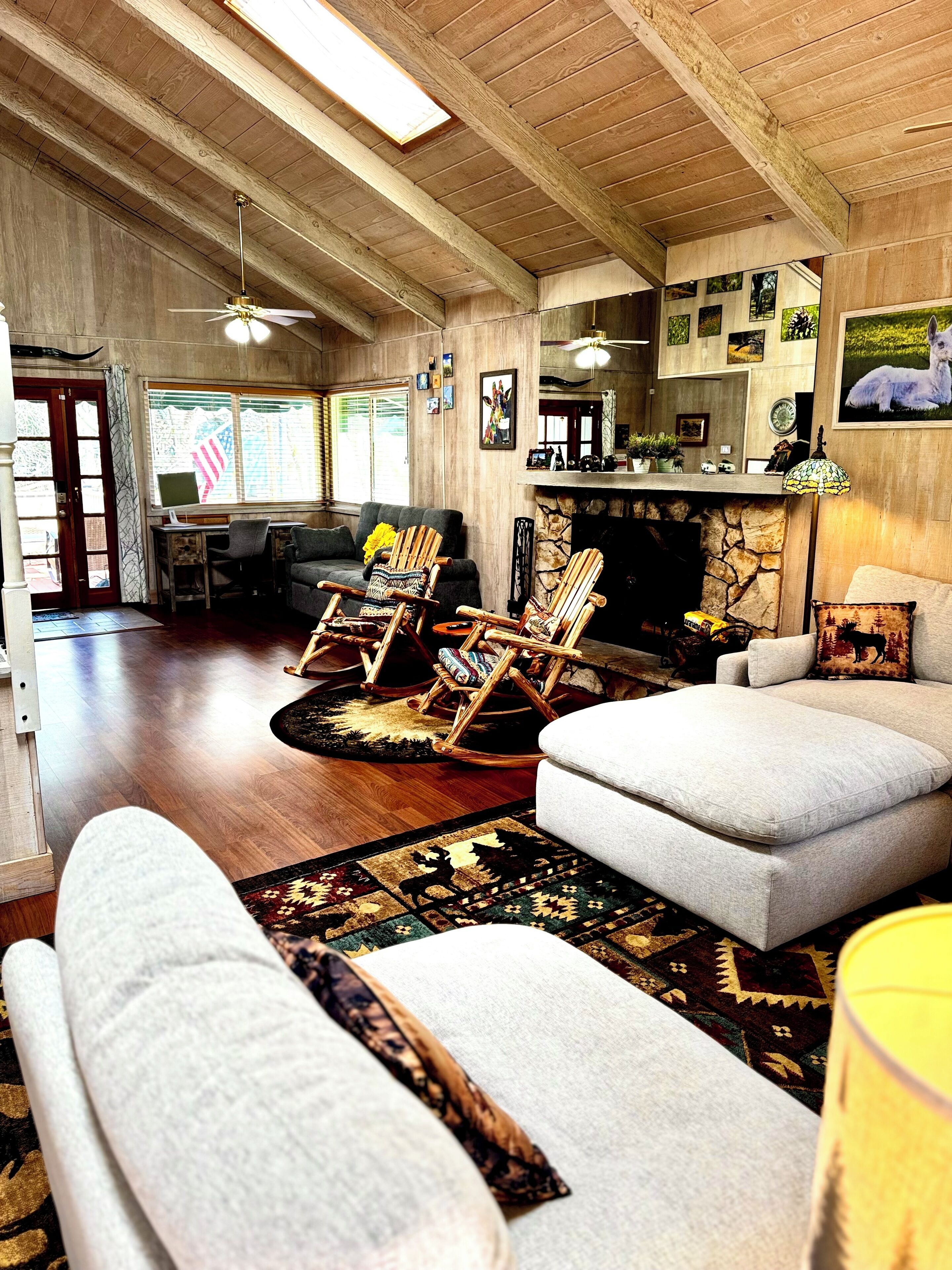 Smart TV, fireplace, books, computer monitors