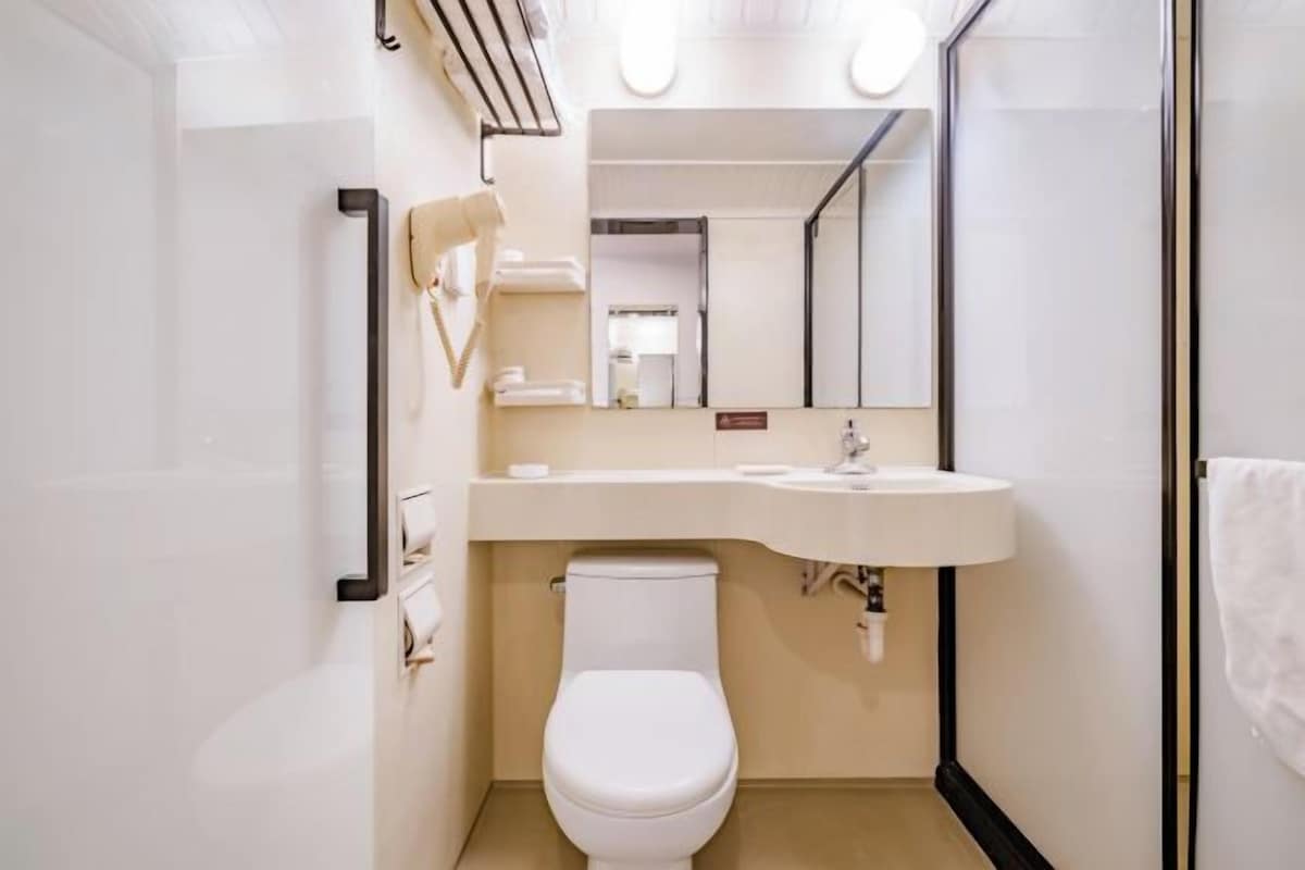 Un baño pequeño con inodoro blanco, lavamanos y espejo.