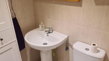 Secadora de cabello, toallas, jabón, papel de baño