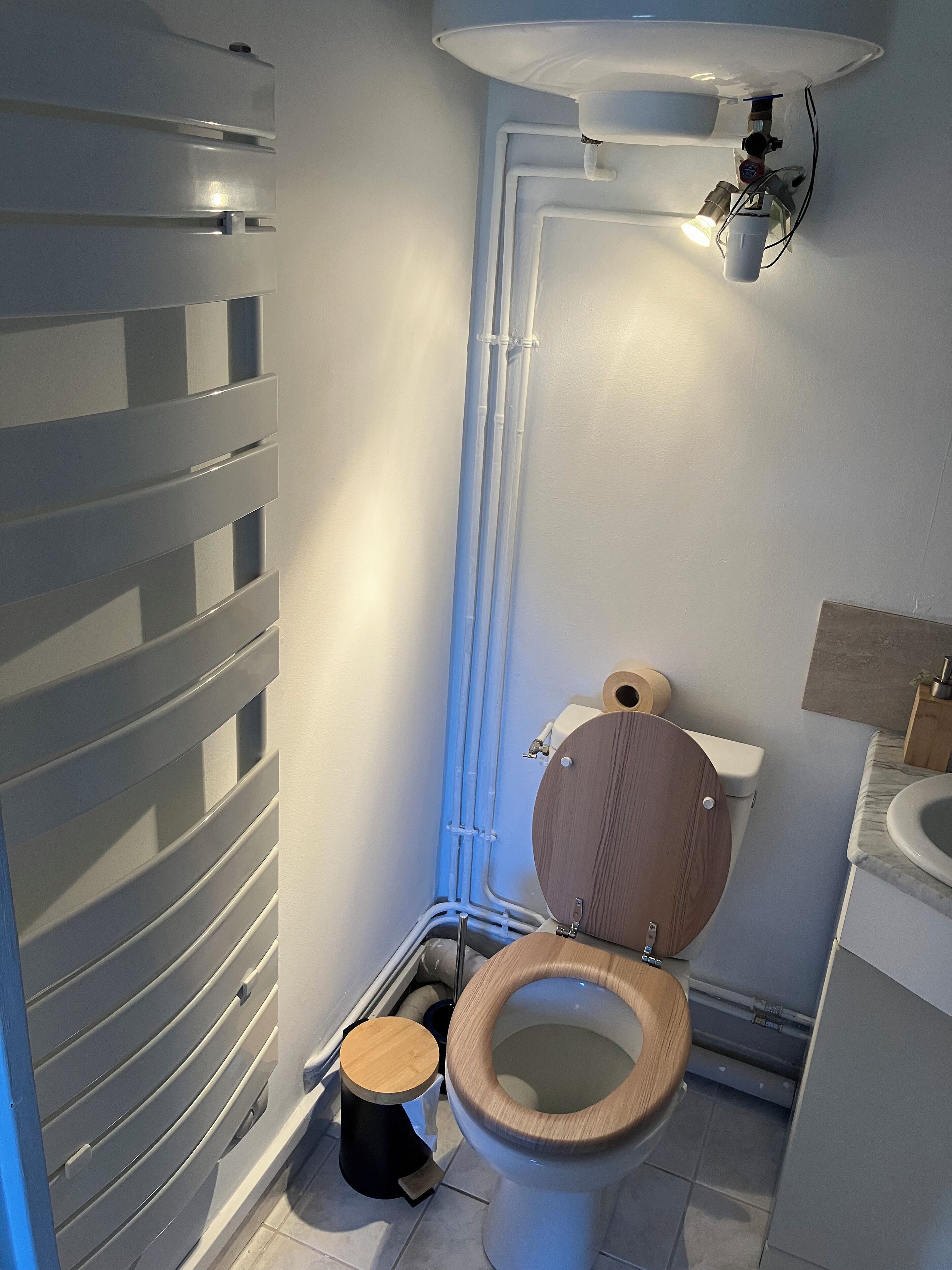 Une salle de bain moderne avec des toilettes en bois, un luminaire fixé au mur et des tuyaux apparents.