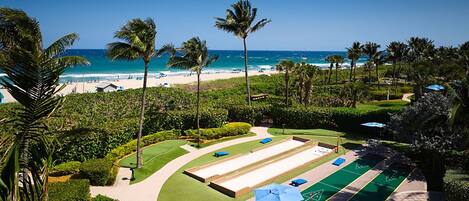 On the beach, sun-loungers, beach towels