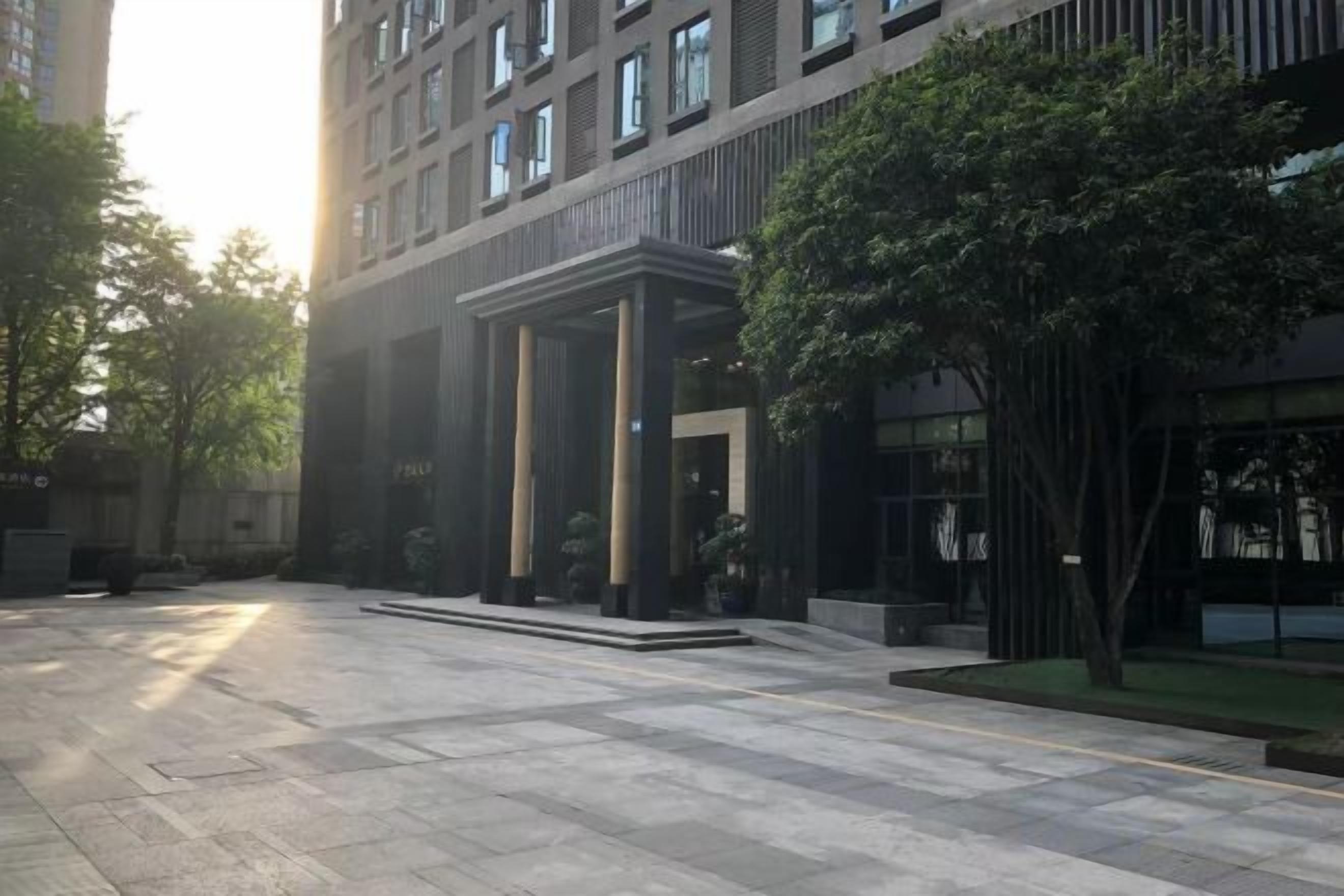 A modern building with a covered entrance, a paved courtyard, and a tree.