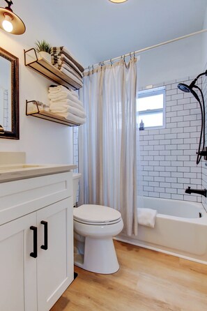 Hair dryer, towels, soap, toilet paper