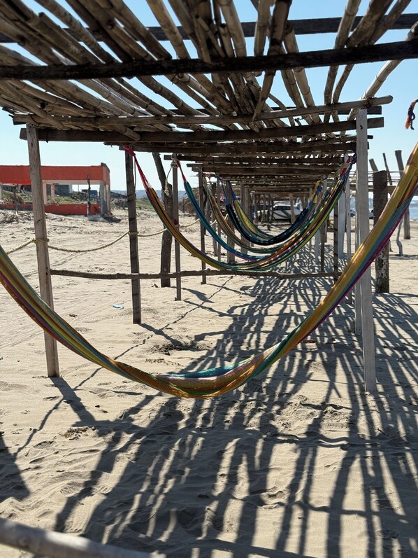 A series of hammocks strung between wooden poles on a sandy beach.