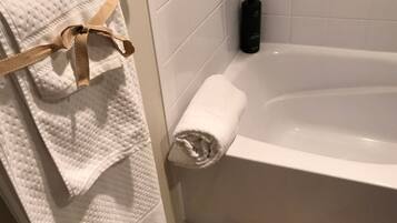 Hair dryer, towels, soap, toilet paper
