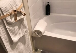 Hair dryer, towels, soap, toilet paper