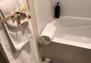 Hair dryer, towels, soap, toilet paper