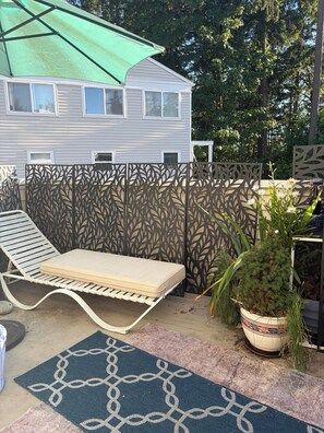A sunlit outdoor seating area with a lounge chair, a patterned rug, and a potted plant. - Private comfy condo, AC in adorable Bellevue (Bellevue)