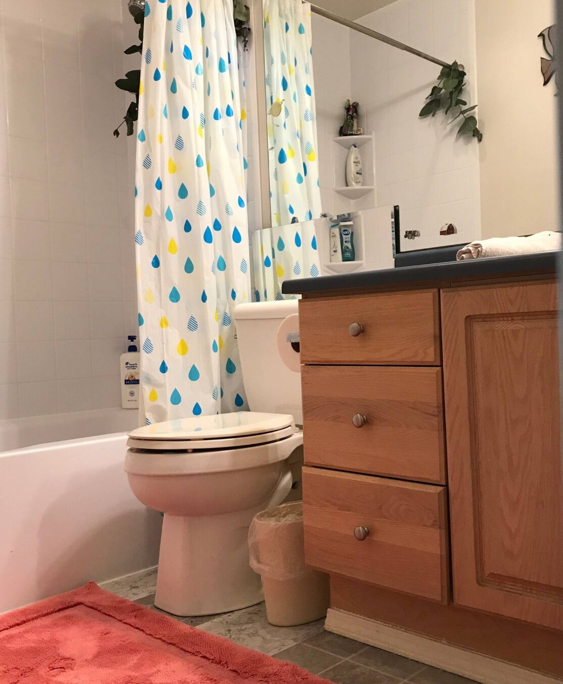 Une salle de bain équipée de toilettes, d’un lavabo, d’un meuble de rangement et d’un rideau de douche.