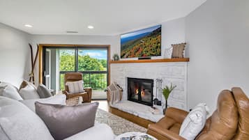 Een televisie, een open haard, een tafeltennistafel en boeken