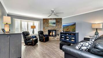 Télévision, cheminée, table de tennis de table, livres