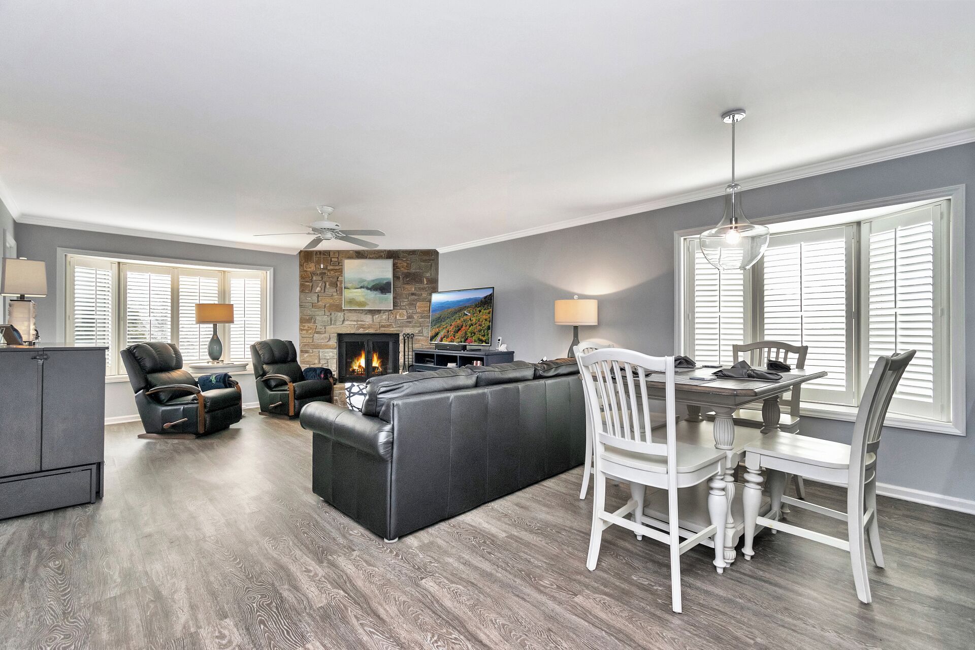 TV, lareira, mesa de pingue-pongue, livros